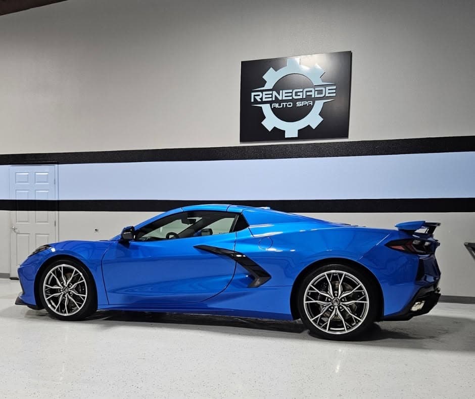 Blue C8 Corvette with freshly corrected, high-gloss paint at Renegade Auto Spa in Rockwall, TX